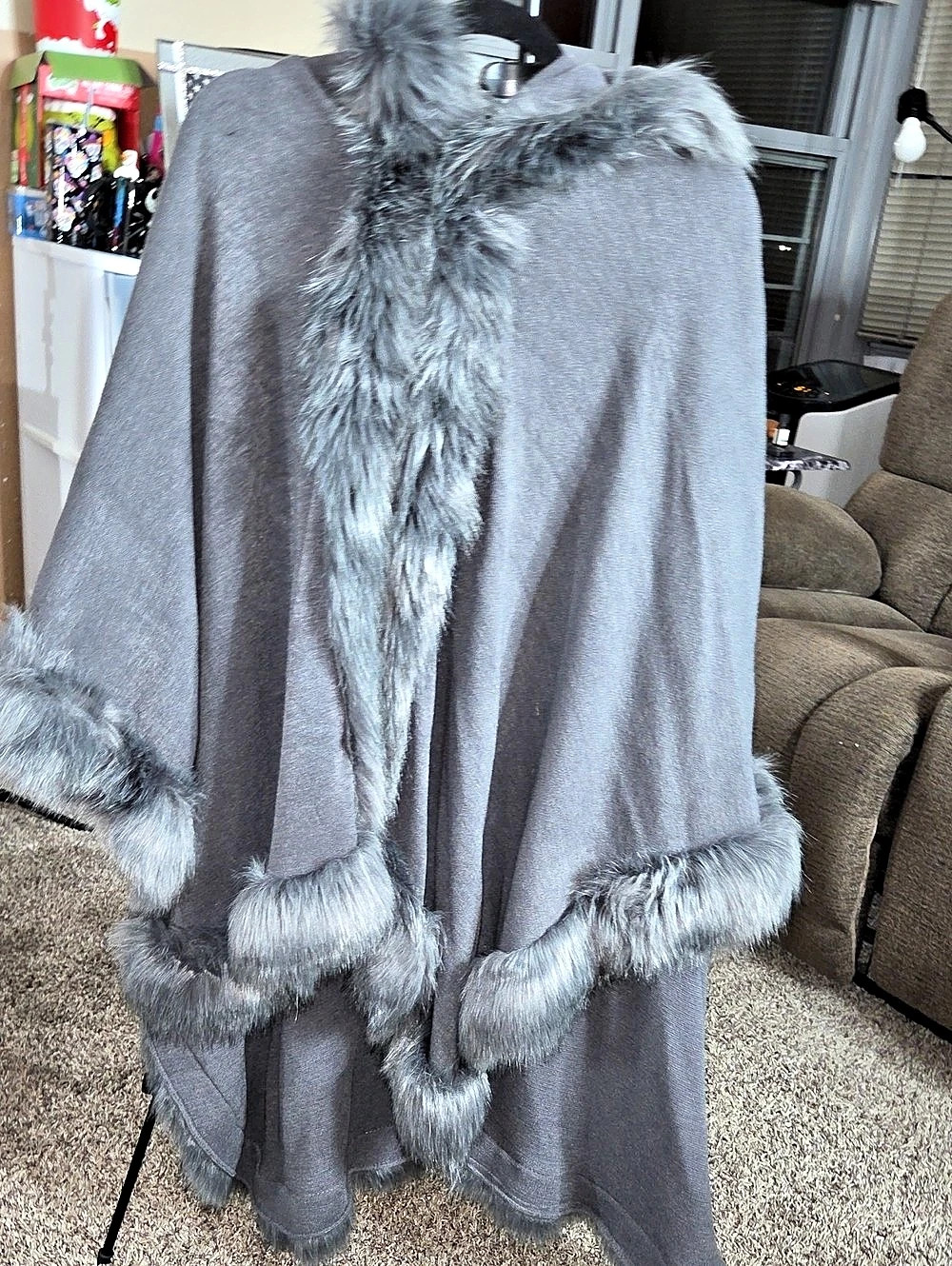 Gray Faux Fur Trim Cape Like New
